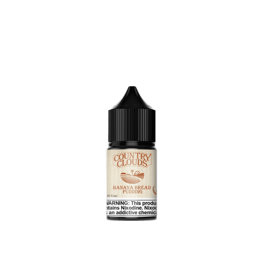 Country Clouds Banana Bread Pudding E-liquid 30ml bottle, infused with banana, cornbread, and sweet vanilla cream.