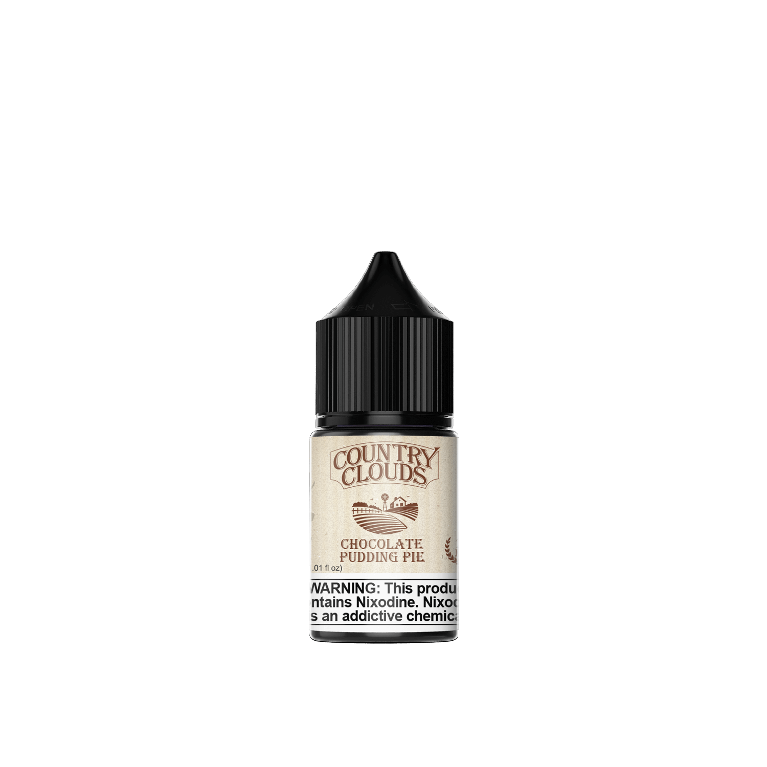 Country Clouds Chocolate Pudding Pie E-liquid 30ml bottle, rich chocolate flavor for vaping enthusiasts.