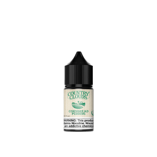Country Clouds Cornbread Pudding 30ml e-liquid bottle, featuring sweet cornbread flavor, perfect for vapers and dessert lovers.