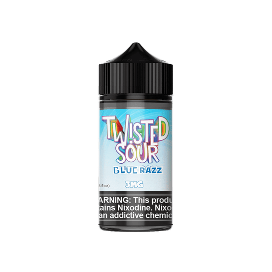 Twisted Sour Blue Razz e-liquid 100ml bottle featuring a vibrant label and warning about nicotine content.
